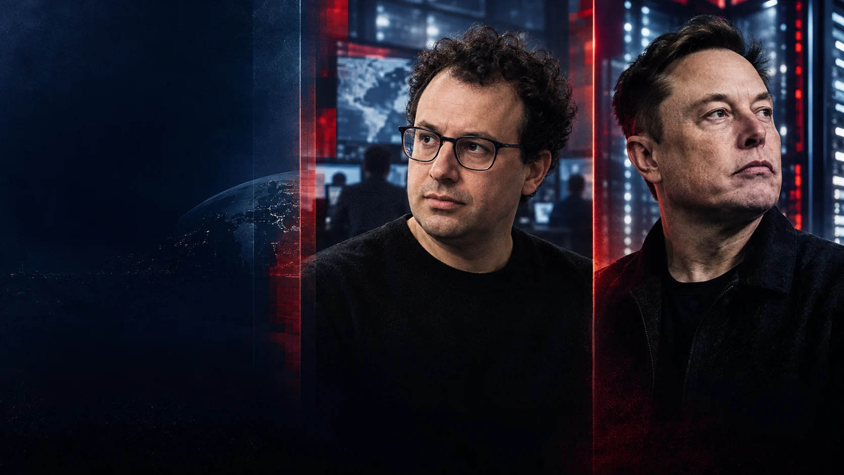 ภาพประกอบตัดต่อเชิงบรรณาธิการของ Dario Amodei และ Elon Musk ท่ามกลางแสงจากห้องข่าว